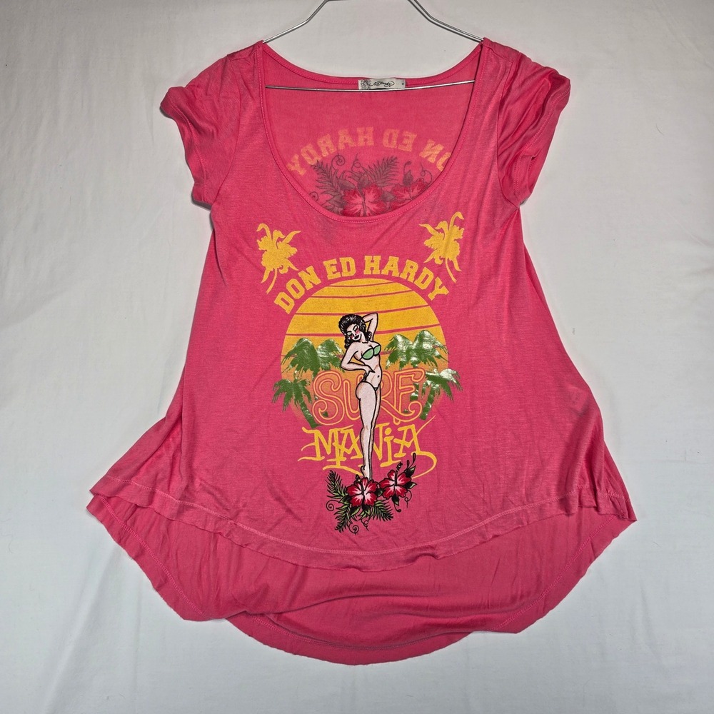 Ed Hardy Christian Audigier Pink Surf Mania Pin Up Girl Graphic Tee Small